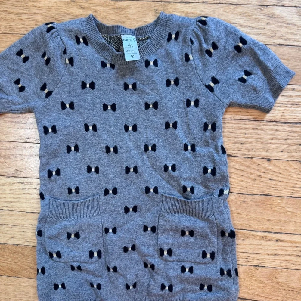 Carters Toddler Girls 4T Gray Bow Print Short Sleeve Sweater Dress Metallic Gold
